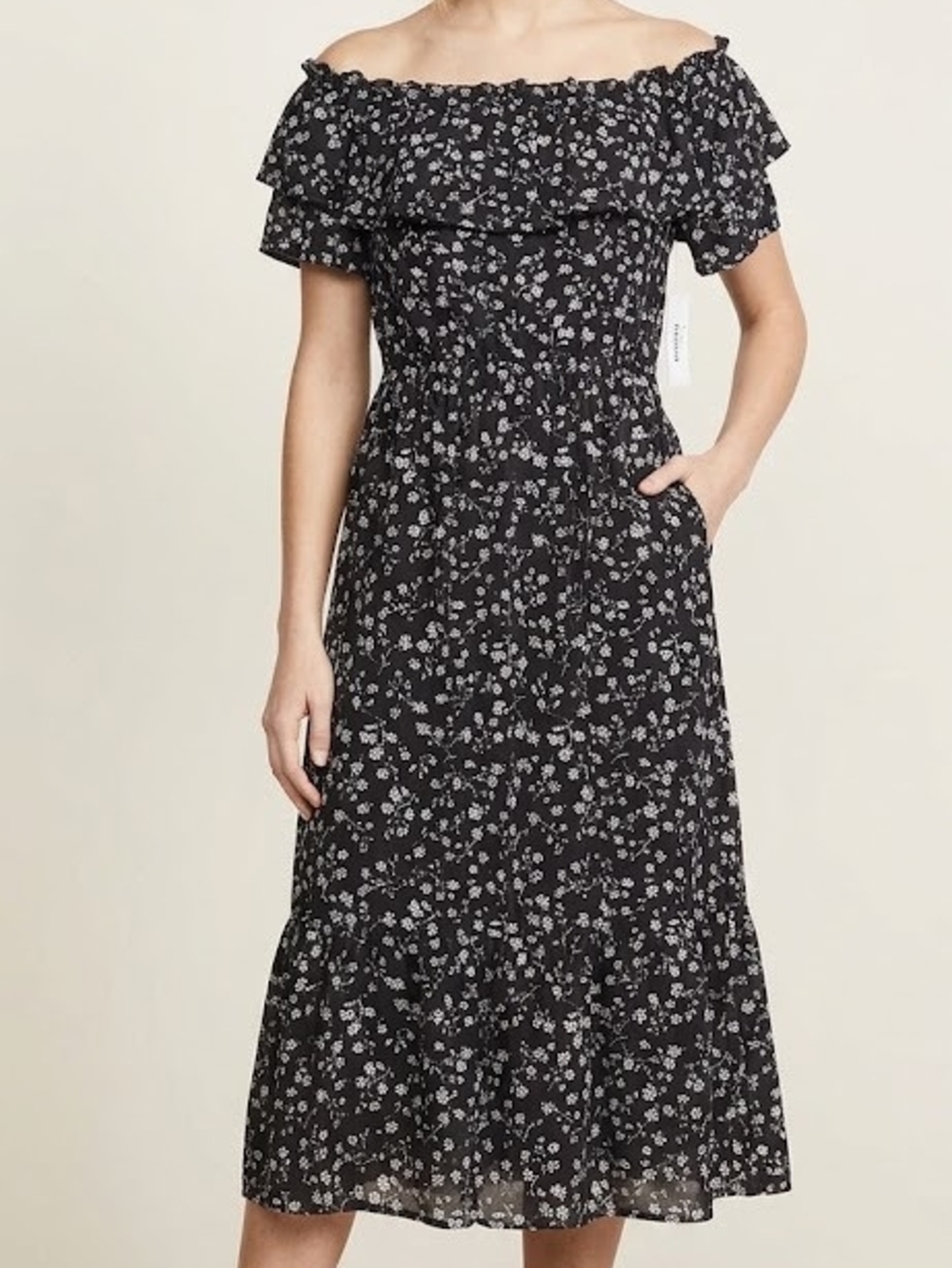Loveappella Black Off-the-Shoulder Floral Midi Dress
